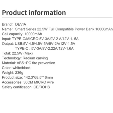 Batterie externe Devia Smart EP198 – 10 000 mAh 22,5 W Blanc