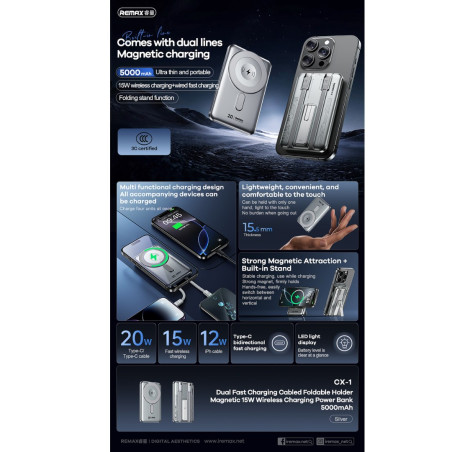 Batterie externe REMAX CX-1 – 5 000 mAh Argent, magnétique 15W