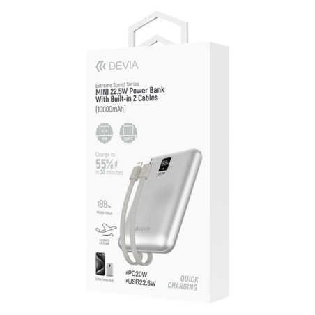 Batterie externe magnétique Devia Extreme Speed MINI - 9 600 mAh 22,5W 2 câbles intégrés Blanc