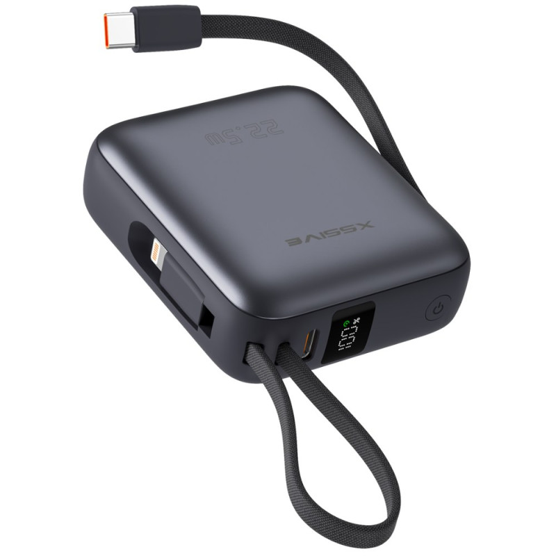 Batterie externe XSSIVE XSS-PB45MINI – 10 000 mAh Noir, câbles USB-C et Lightning intégrés