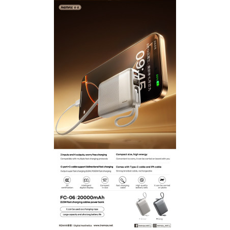 Power Bank REMAX FC-06 – 20000mAh 22.5W with Cables Silver