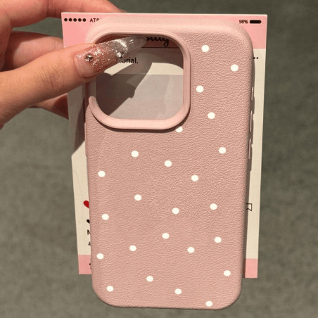 Coque texture Litchi ECO pour iPhone – Rose classique à pois blancs