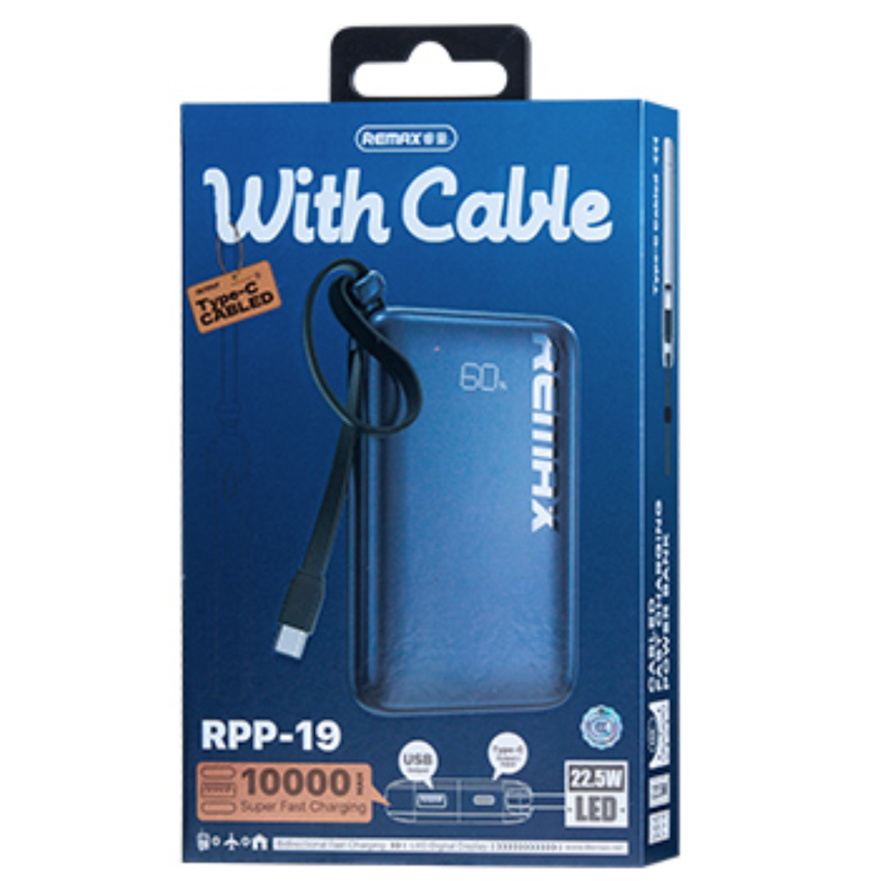 Power bank 10000mAh REMAX RPP-19 20W+22.5W Chargement rapide câblé de TYPE-C avec un indicateur numé… — REMAX · Smarty Paris 18e
