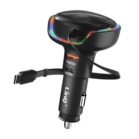 Car Charger XSSIVE LinQ CA2349 – 20W USB-C, QC 3.0 USB, Black with 30W USB-C Cable