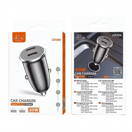 Chargeur voiture Ellietech CR304 – Duo USB-C 30 W Noir
