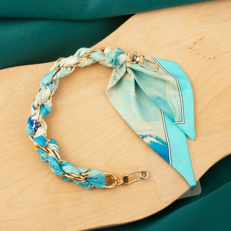 Collier de coque téléphone ECO – foulard en soie turquoise, fermoir doré, 32 cm