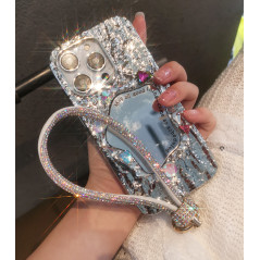 Blue rhinestone phone lanyard clear card