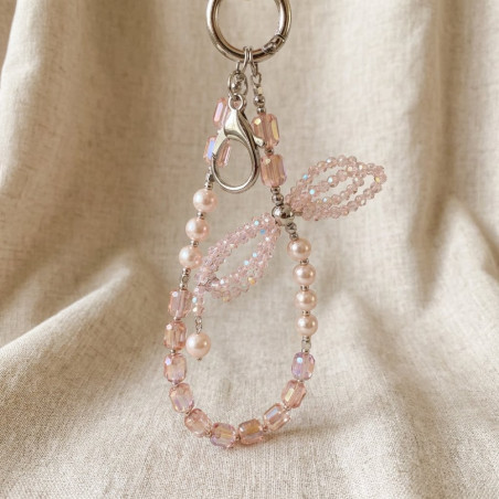 Lanière de téléphone ECO – rose avec nœud, perles et cristaux