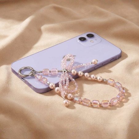 Lanière de téléphone ECO – rose avec nœud, perles et cristaux