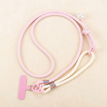 Collier téléphone ECO tressé bicolore – Rose poudré/Beige, mini pochette, perle, 115 cm