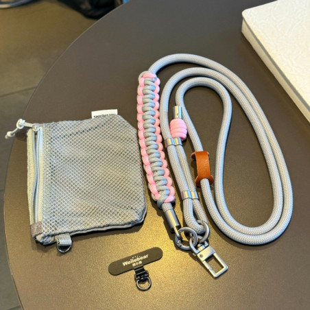 Collier téléphone ECO tressé bicolore – Gris/Rose, mini pochette, 150 cm