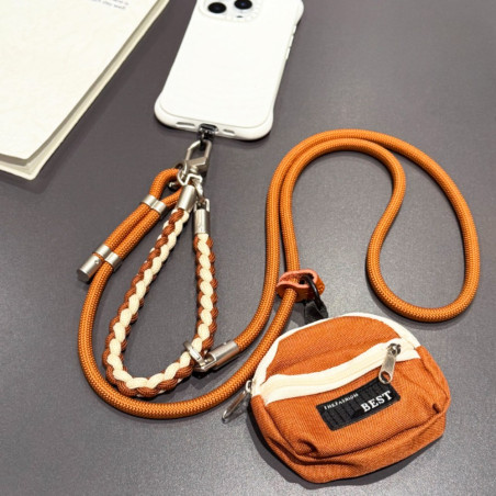 Collier téléphone ECO tressé bicolore – Marron/Beige, mini pochette