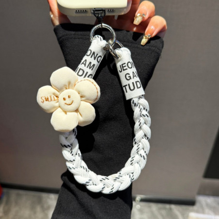 Lanière téléphone ECO courte tressée – Blanche, fleur Smiley