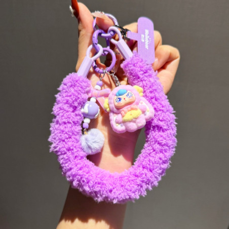 Lanière téléphone poignet ECO – Moelleuse violet porte-clés poupée et pompon