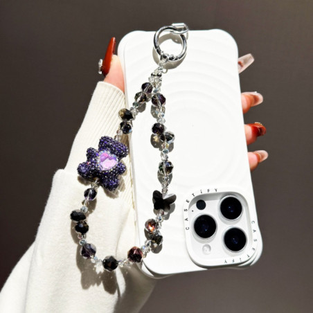 Phone Strap ECO – Luxury Crystal Teddy Bear, Black Rhinestone Heart