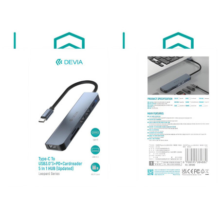 USB-C Hub Devia 5-in-1 – 3 x USB 3.0 Card Reader PD 3.0