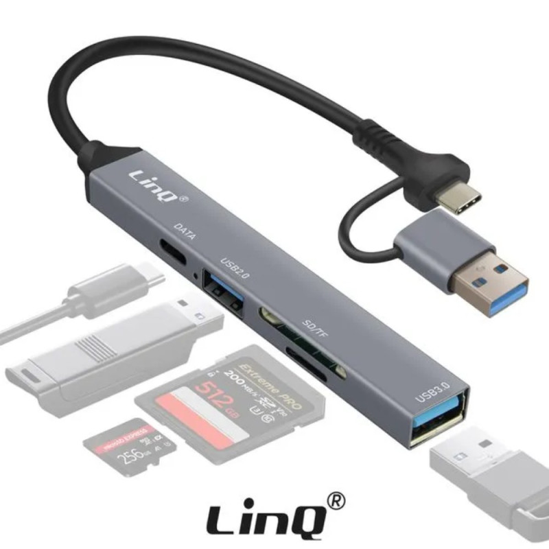 Hub Type-C/USB LinQ IT7944 – 6-en-1, USB 2.0, USB 3.0, USB-C, SD, TF Hub Type-C/USB LinQ IT7944 – 6-en-1, USB 2.0, USB 3.0, USB-C, SD, TF