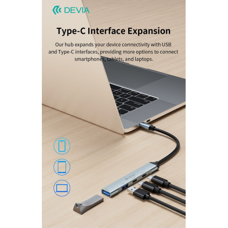 Hub USB-C 4-en-1 Devia Lite1 – USB 3.0, USB 2.0, 2x USB-C