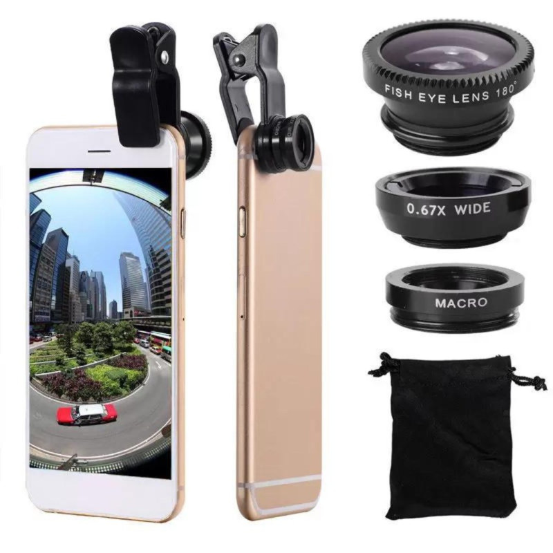 Universal 3-in-1 Clip-On Lens – Macro, Wide Angle, Fisheye, Silver
