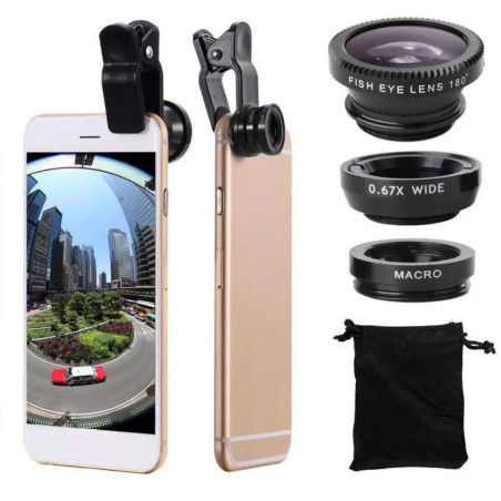 Universal 3-in-1 Clip-On Lens – Macro, Wide Angle, Fisheye, Silver
