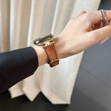 Bracelet Apple Watch ECO à boucle – cuir véritable brun et or