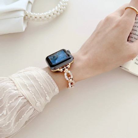 Bracelet Apple Watch ECO perles ovales – or et blanc