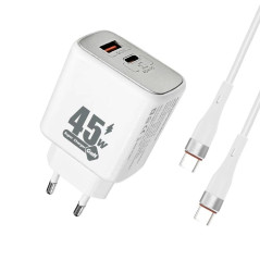 Charger Kit EGA C45 – USB-C + USB-A PD 45W QC 3.0, USB-C/USB-C 1m 3A Cable, White