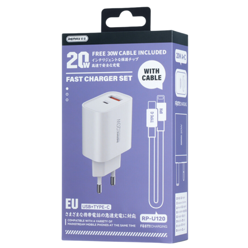 Kit Chargeur 20W USB + Type-C avec Câble Type-C / Lightning REMAX Kiddy Series RP-U120 - EU - Blanc