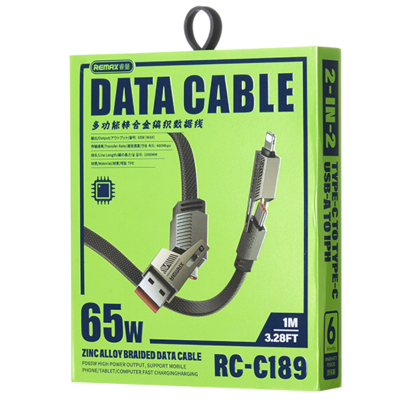 Câble 4-en-1 USB/Type-C vers Lightning/Type-C Tressé de Charge Rapide 65W REMAX RC-C189 - 1M - Noir Câble 4-en-1 USB/Type-C vers Lightning/Type-C Tressé de Charge Rapide 65W REMAX RC-C189 - 1M - Noir