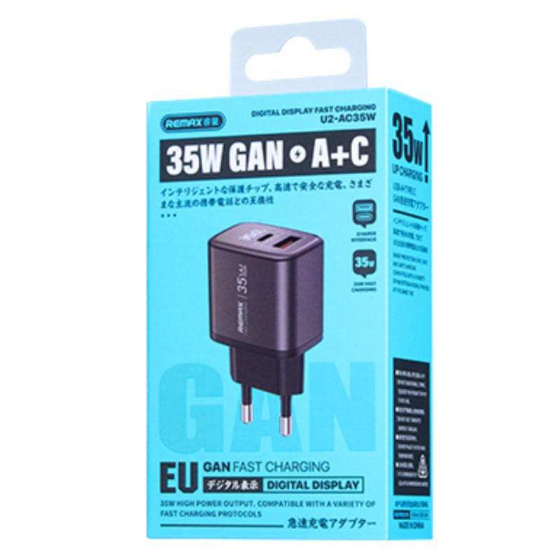 GaN Charger REMAX U2-AC35W – 35W Silver, EU Plug GaN Charger REMAX U2-AC35W – 35W Silver, EU Plug