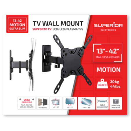 Support TV mural fixe Superior Electronics SUPSTV009 Extra Slim – 13 à 42 pouces, 20 kg, VESA 200x200