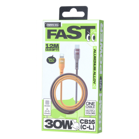 Câble Type-C pour iPhone - Lightning 30W Glamorous en Alliage d'Aluminium Tressé REMAX CB16(C-L) - 1.2M - Jaune