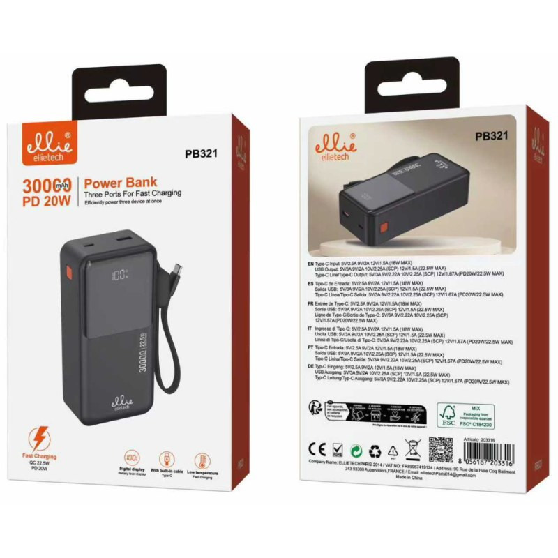 Batterie externe Ellietech PB321 – 30 000 mAh 22,5 W PD Batterie externe Ellietech PB321 – 30 000 mAh 22,5 W PD
