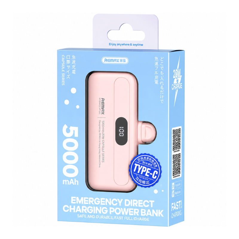 Mini Power Bank Portable 5000mAh avec Connecteur Type-C REMAX RPP-632 - Rose