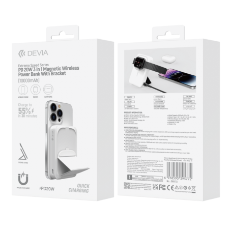 Batterie externe magnétique Devia JM-C11 – 10 000 mAh 20 W avec support Blanc