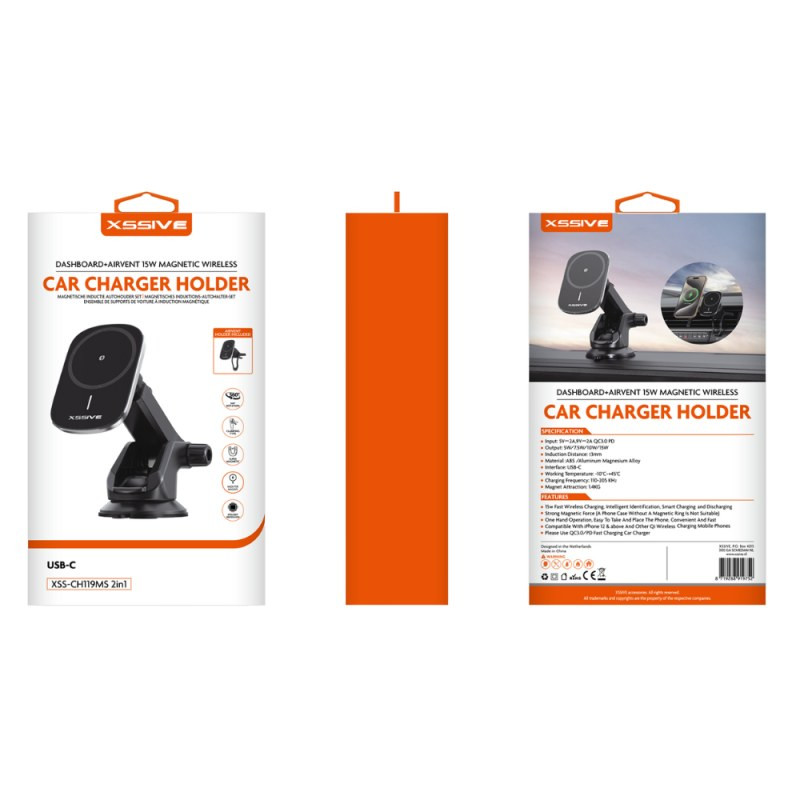 Support voiture 2-en-1 XSSIVE XSS-CH119MS – Charge sans fil magnétique 15 W Support voiture 2-en-1 XSSIVE XSS-CH119MS – Charge sans fil magnétique 15 W