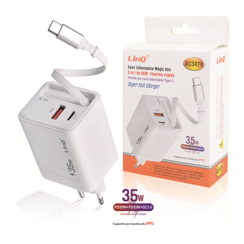 Chargeur avec Câble Télescopique Type-C PD 35