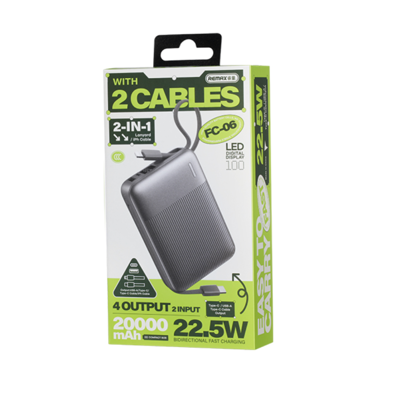Batterie externe REMAX FC-06 – 20 000 mAh 22,5 W avec câbles Gris Batterie externe REMAX FC-06 – 20 000 mAh 22,5 W avec câbles Gris