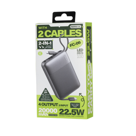 Batterie externe REMAX FC-06 – 20 000 mAh 22,5 W avec câbles Gris
