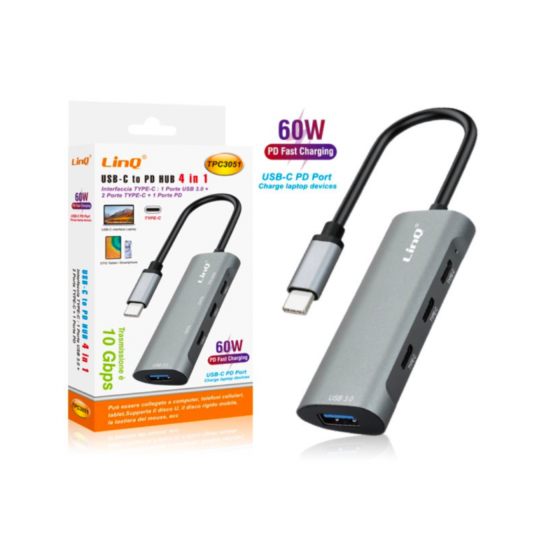 Concentrateur USB-C LinQ TPC3051 – 4-en-1 USB 3.0 + 2 USB-C + PD Concentrateur USB-C LinQ TPC3051 – 4-en-1 USB 3.0 + 2 USB-C + PD