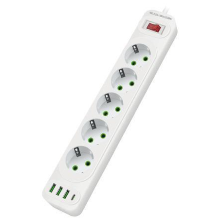 Power Strip INCOALUXE 5 EU Outlets – 3 USB 1 USB-C White 2m