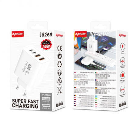 Chargeur secteur PD/QC D-power J8269 – 2 USB + 2 USB-C 40 W Blanc