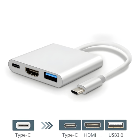 Hub USB-C ECO – 3-en-1, HDMI 4K, Type-C et USB-C 3.0, argenté