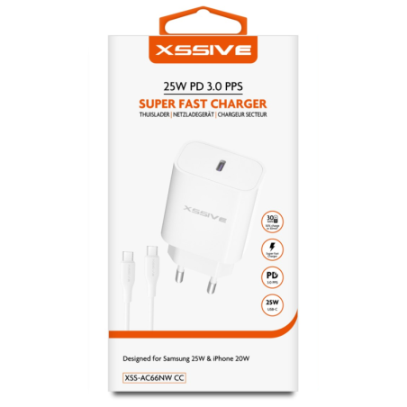 Chargeur rapide XSSIVE XSS-AC66NW – 25 W USB-C + câble USB-C/USB-C