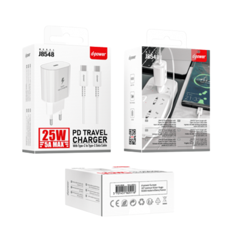Chargeur D-Power J8548 – Kit Type-C/Type-C 25W Blanc