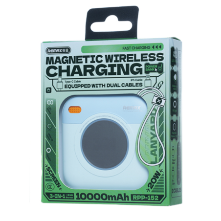 Batterie externe REMAX RPP-152 – 10 000 mAh Bleu, magnétique 15W