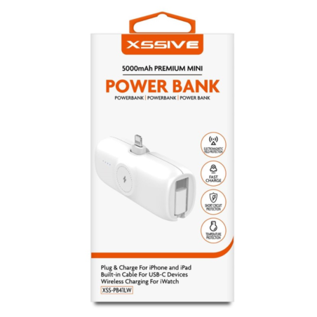 Power Bank XSSIVE XSS-PB41LW – 5000mAh White 20W with USB-C cable for iPhone and iPad, wireless iWatch charging