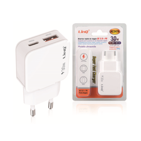 Chargeur secteur double port LinQ AC3476 – PD 30 W + QC 3.0