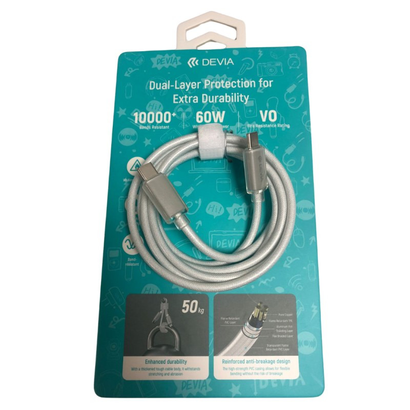 Câble Devia Extra Durability USB-C vers USB-C – nylon tressé 60W 3A 1,5 m Blanc, version d'exposition