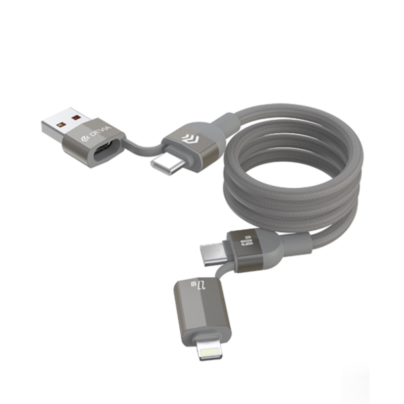 Câble magnétique tissé multifonction 4 en 1 Ultra 2 60W 1.2M Devia - Titane Câble magnétique tissé multifonction 4 en 1 Ultra 2 60W 1.2M Devia - Titane